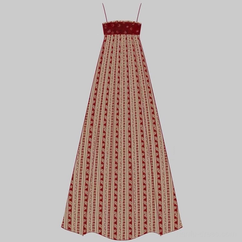 Flat lay of the beige spaghetti strap slip dress with vertical red stripes and a patterned waistband from the Hanfu set