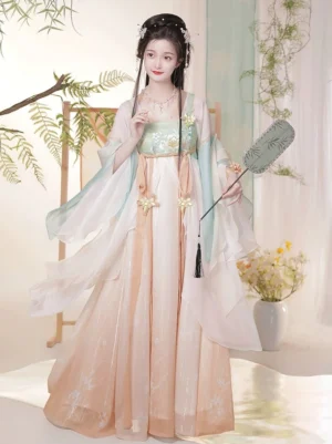 Front view of modern Tang Dynasty Qixiong Ruqun Hanfu with apricot orange to ivory gradient chiffon skirt, light cyan flowing coat, golden floral details, and wide sleeves