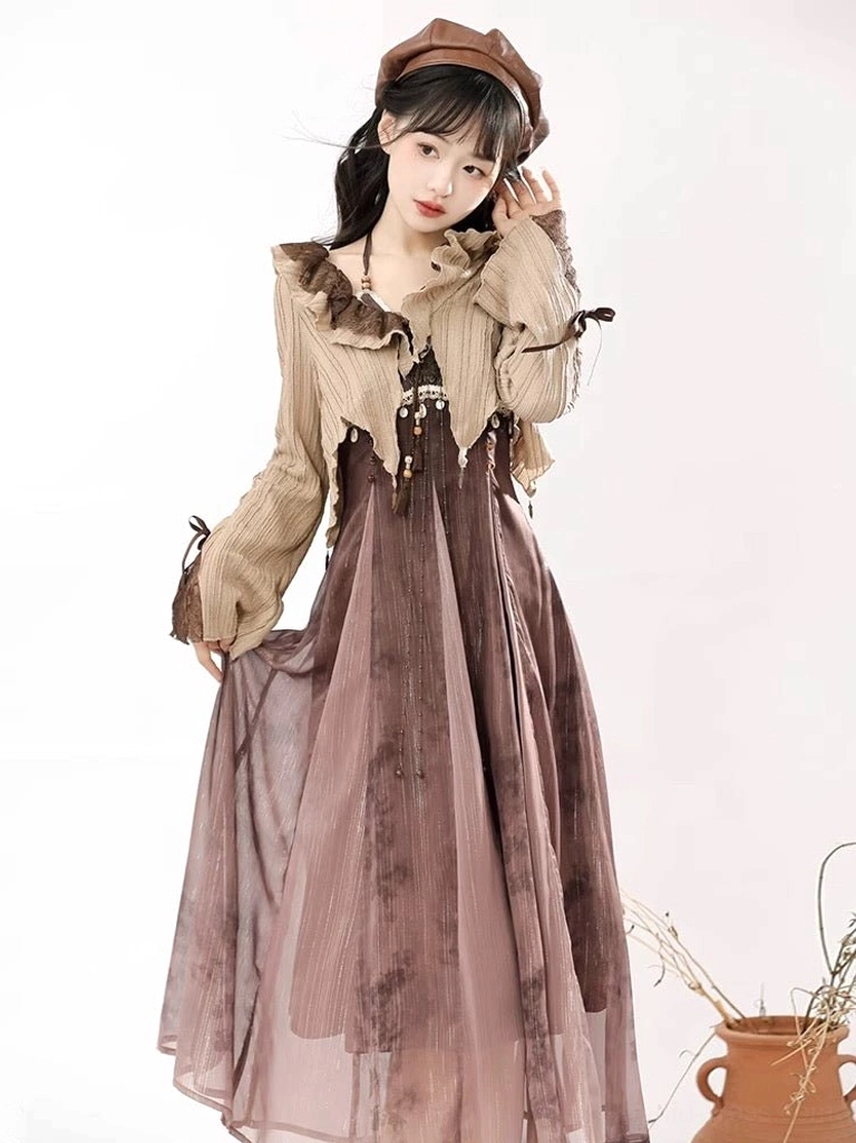 Front view of a modern Tang style Hanfu dress featuring a khaki cropped cardigan, brown ink-print slip dress, and vintage-inspired layered styling