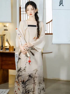 Full front view of modern Tang-inspired Hanfu dress set with beige ink bamboo print slip dress and sheer matching cardigan