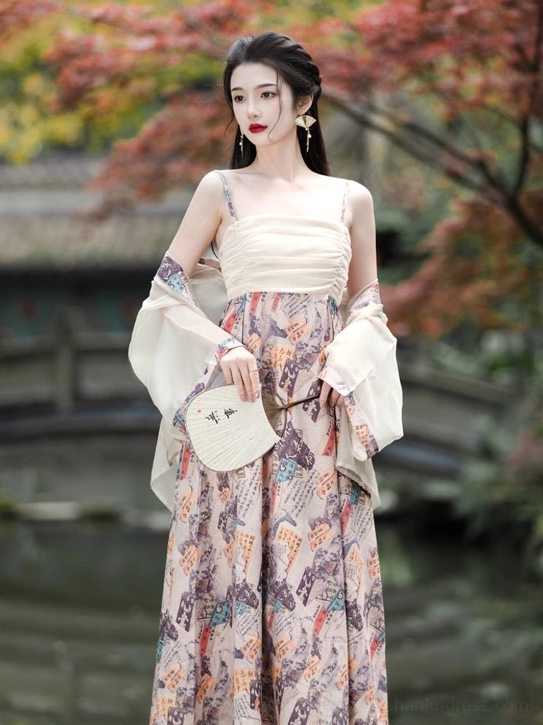 Tang inspired modern hanfu two piece dress set with translucent cardigan and round fan beside autumn maple trees and traditional Chinese architecture