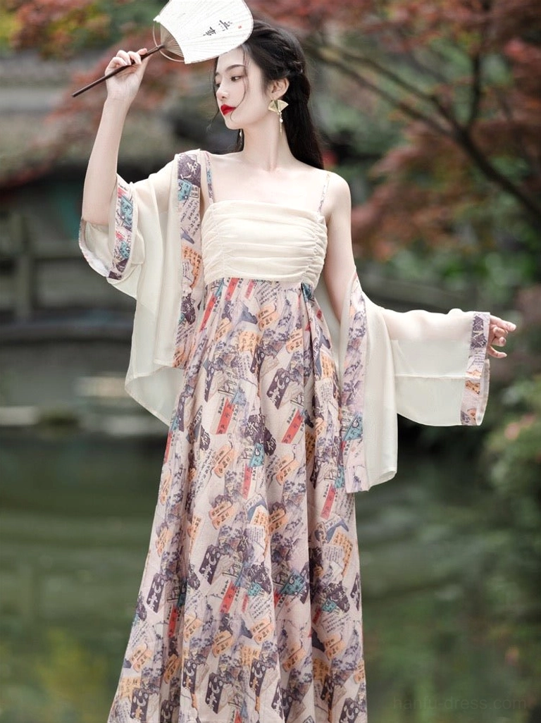 Modern Tang style hanfu dress set with cream ruched camisole, printed maxi skirt and sheer flowing cardigan in a traditional Chinese garden