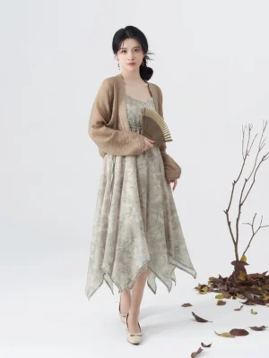 Modern Tang style hanfu tie-dye slip dress with sheer cropped cardigan shown in full body front three-quarter view
