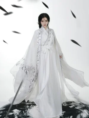 Front view of Moon Fox Wei Jin Dynasty Hanfu set featuring white layered robes, silver floral embroidery, wide sleeves, waist belt, and floor-length skirt