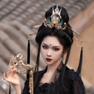 Model wearing a black Hanfu dress with a Moon God Chinese hair accessories crown, gold-tone metal ornaments, teal decorative accents, black tassels, and a vintage-inspired styling mask in an ancient Chinese courtyard