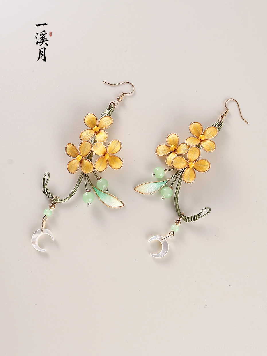 Symmetrical pair of osmanthus moon drop earrings for Hanfu with golden flower clusters green leaves and hook closures
