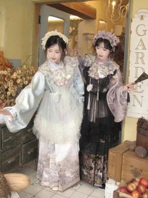 Full body view of Moon Rabbit Doll House modern Hanfu outfits with sheer tulle layers floral skirts and cloud collar pendants