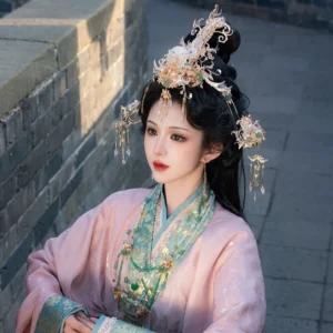 Side view of a woman wearing an ornate Chinese hanfu crown and matching tassel hairpins with an elegant traditional updo and pink hanfu