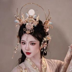 Three-quarter view of Moon Song traditional Chinese Hanfu hair crown with forehead ornament side tassel hairpins and floral details