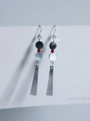 Traditional Hanfu style shell drop earrings with black mother-of-pearl beads, pale gray shell beads, red accents, and long iridescent pendants
