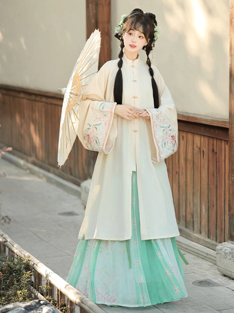 Cream and mint green Ming Dynasty Hanfu full set with stand collar robe, floral embroidery and green printed pleated skirt
