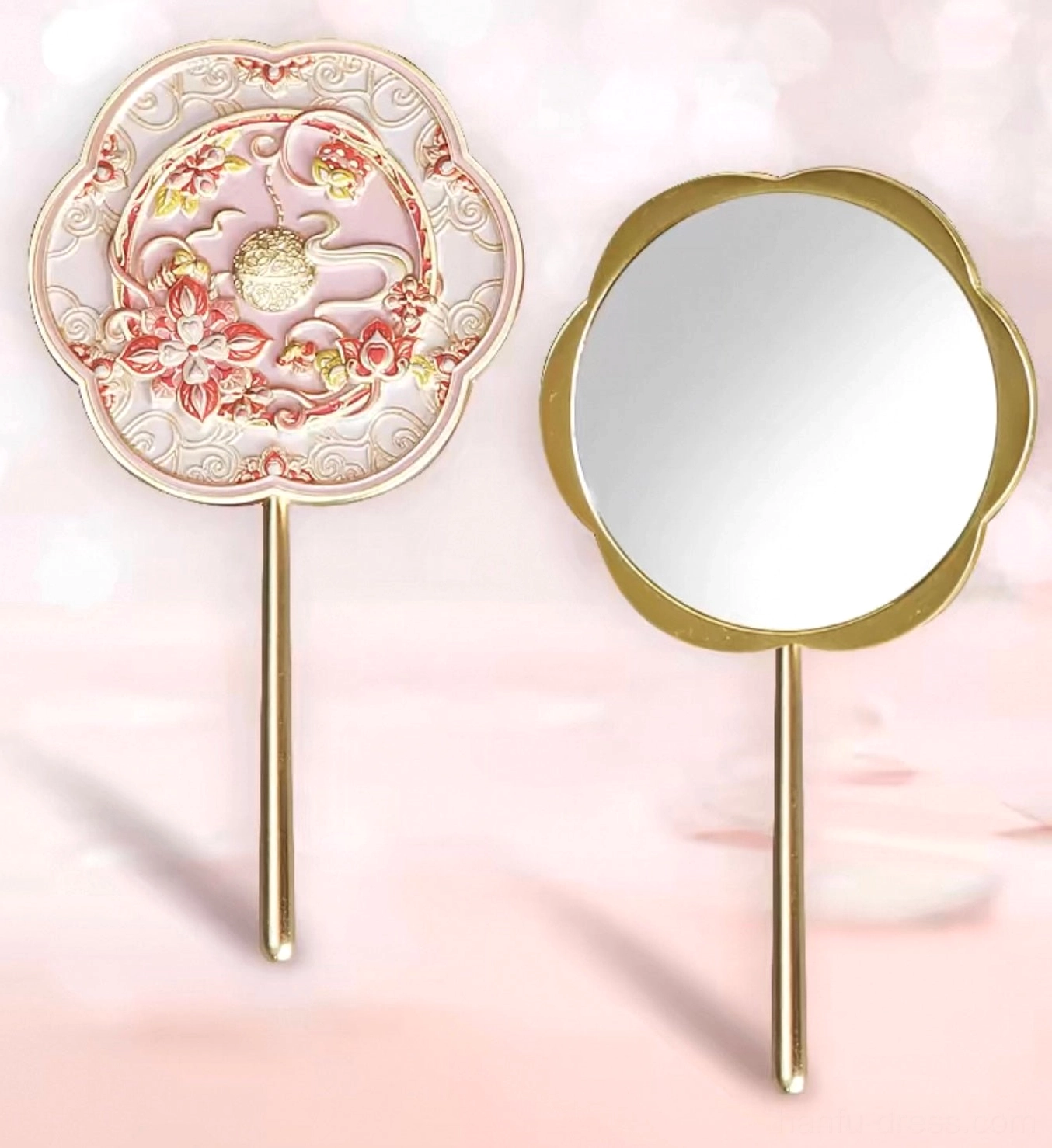 Front and mirror-side views of moonlit lotus Chinese hand mirror with floral shaped gold rim and elegant long gold-toned handle