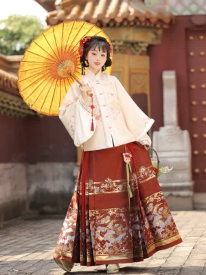 Moonlit Night Ming dynasty Hanfu Chinese New Year dress with cream embroidered jacket and red mamian skirt in a traditional palace courtyard