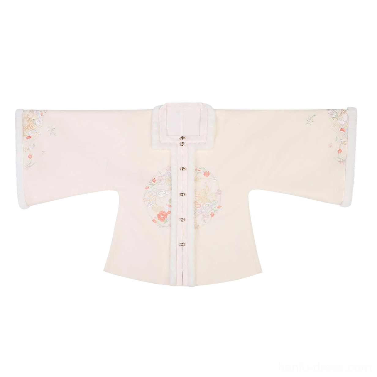 Moonlit Night cream Hanfu coat with square collar floral embroidery button front and decorative cuffs shown in a flat lay