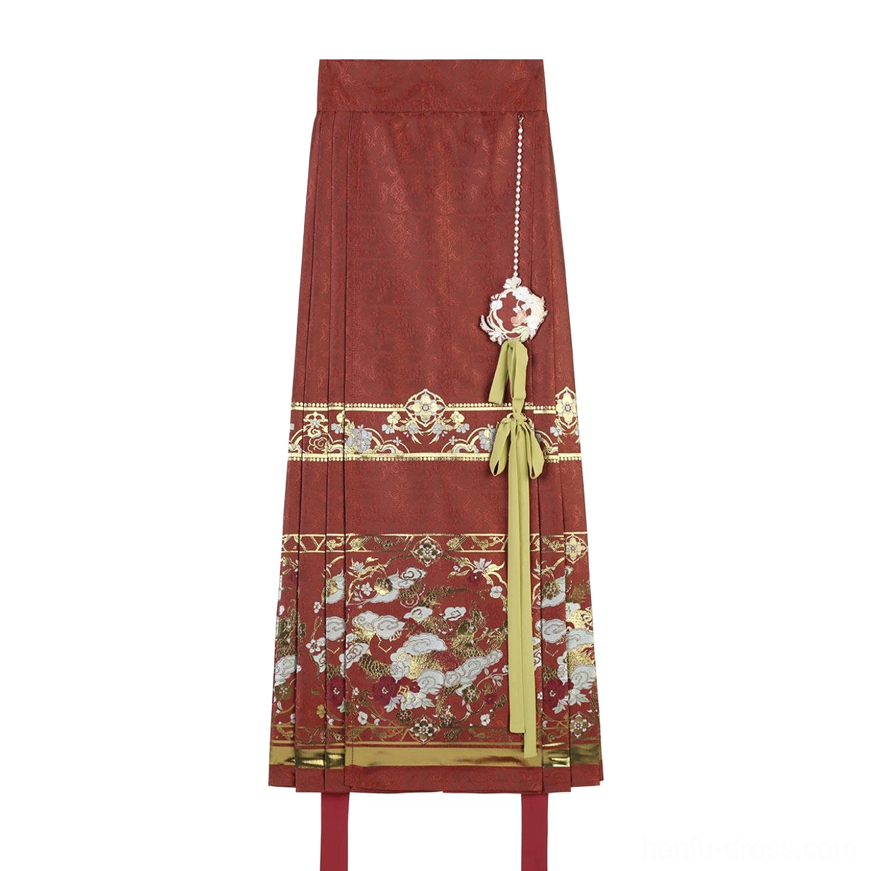 Moonlit Night deep red Ming dynasty mamian skirt with gold decorative waistbands floral embroidery green sash and jade style pendant