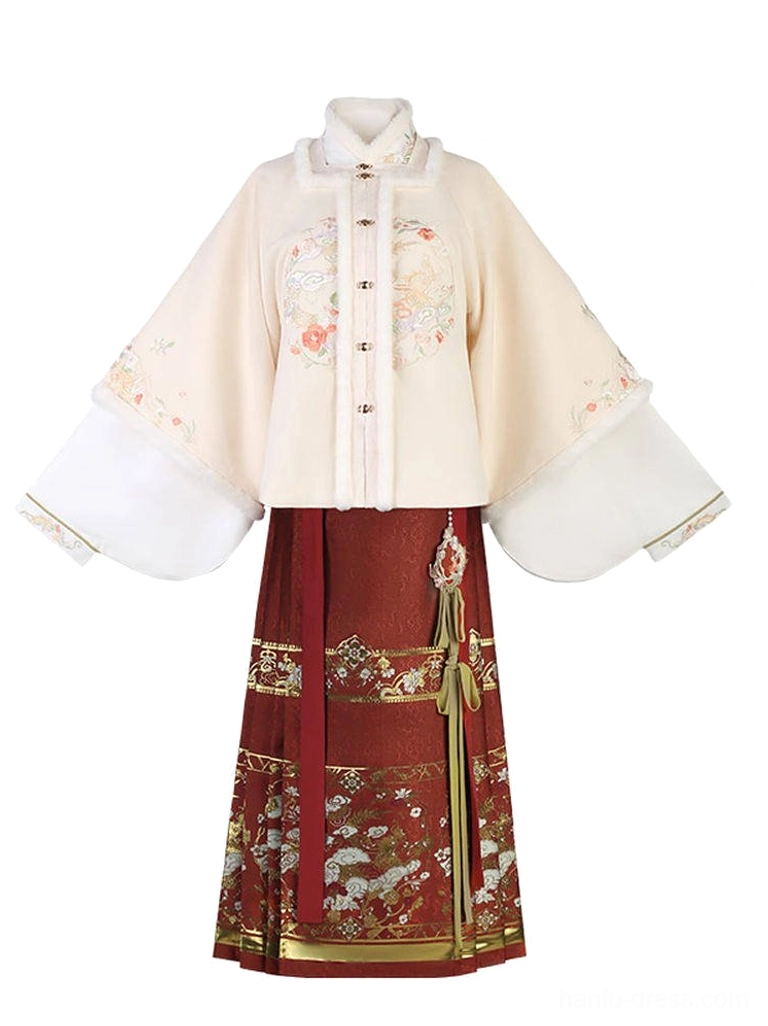 Flat lay of Moonlit Night Hanfu full set including cream embroidered coat red mamian skirt gold trim and decorative waist accessories