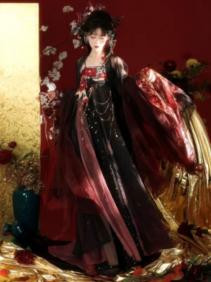 Front full-body view of black and wine red Tang Dynasty Qixiong Ruqun Hanfu with floral embroidery, sheer wide sleeves, gold-speckled skirt, and layered traditional Chinese styling