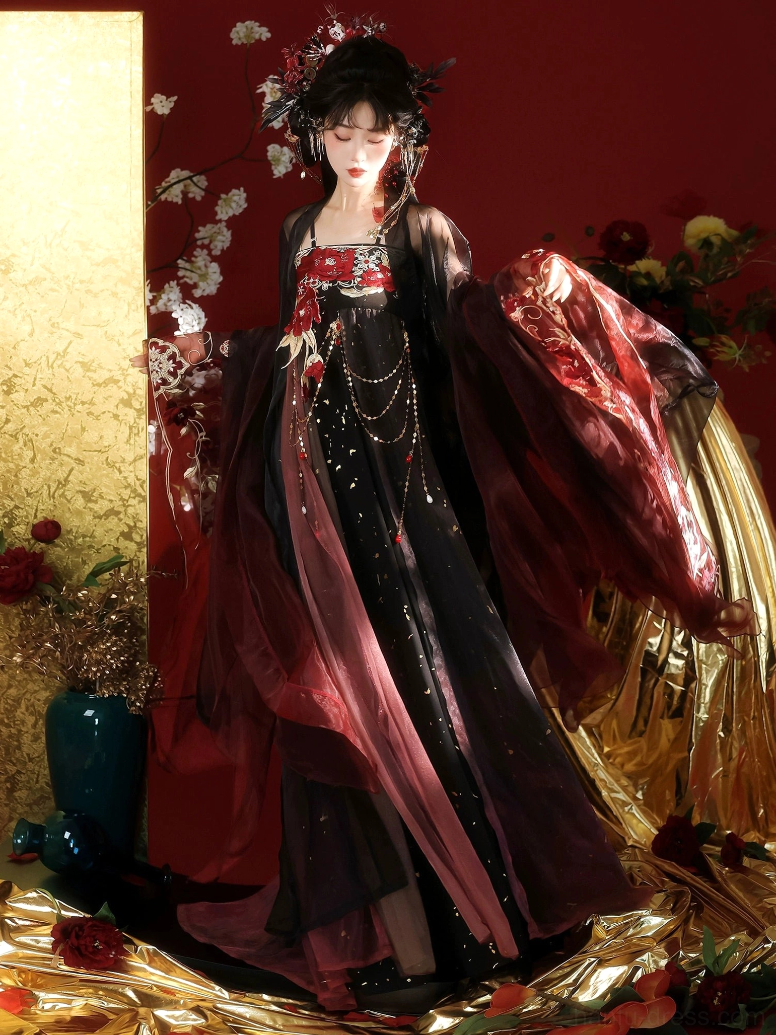 Front full-body view of black and wine red Tang Dynasty Qixiong Ruqun Hanfu with floral embroidery, sheer wide sleeves, gold-speckled skirt, and layered traditional Chinese styling