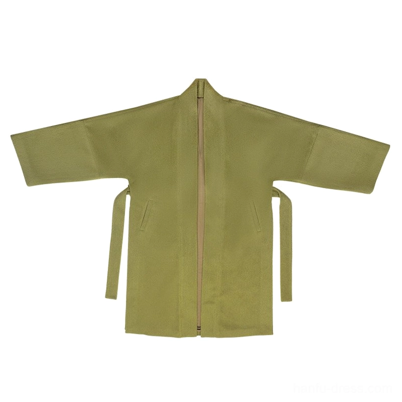Flat lay front view of a moss green Song Dynasty inspired Hanfu jacket with stand collar detachable waist straps pockets and wide sleeves