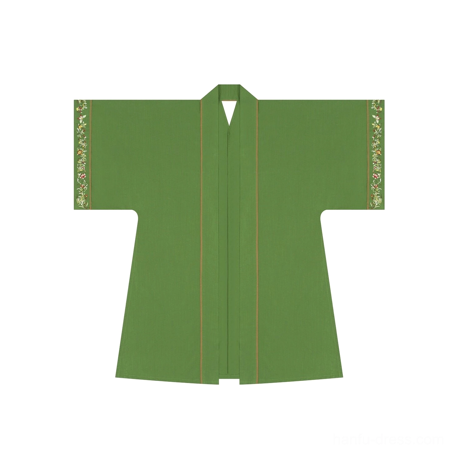 Moss green Song-style Changgan Temple beizi jacket with brown contrast trim floral embroidered cuffs and open cross-front design