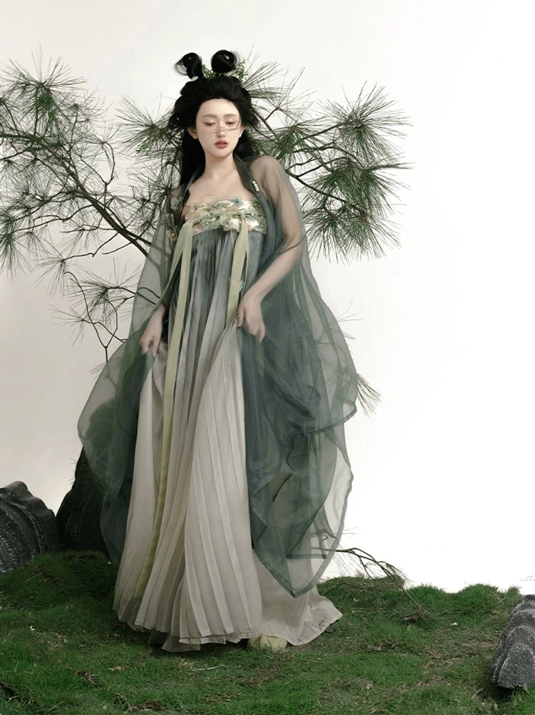 Front view of Tang Dynasty style Qixiong Ruqun Hanfu featuring sheer wide sleeves, two-tone chiffon layers, long silk waist sashes, and delicate floral bodice decoration