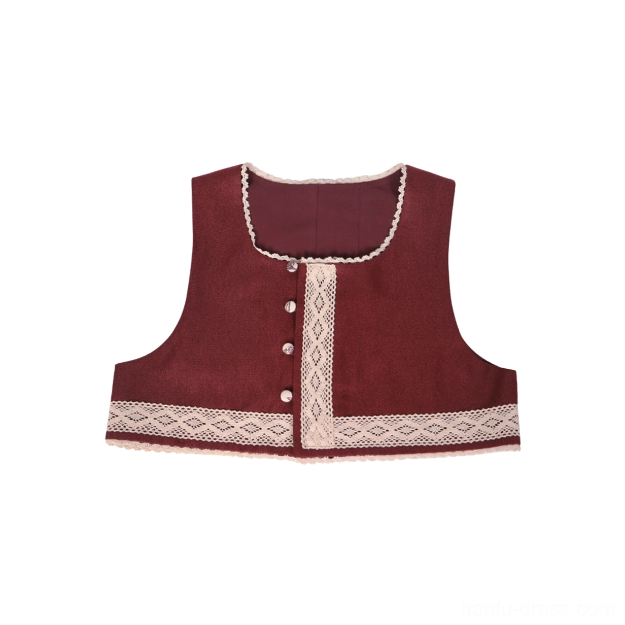 Burgundy cropped vest for Mulan New Chinese Hanfu set with square neckline lace trim and front buttons