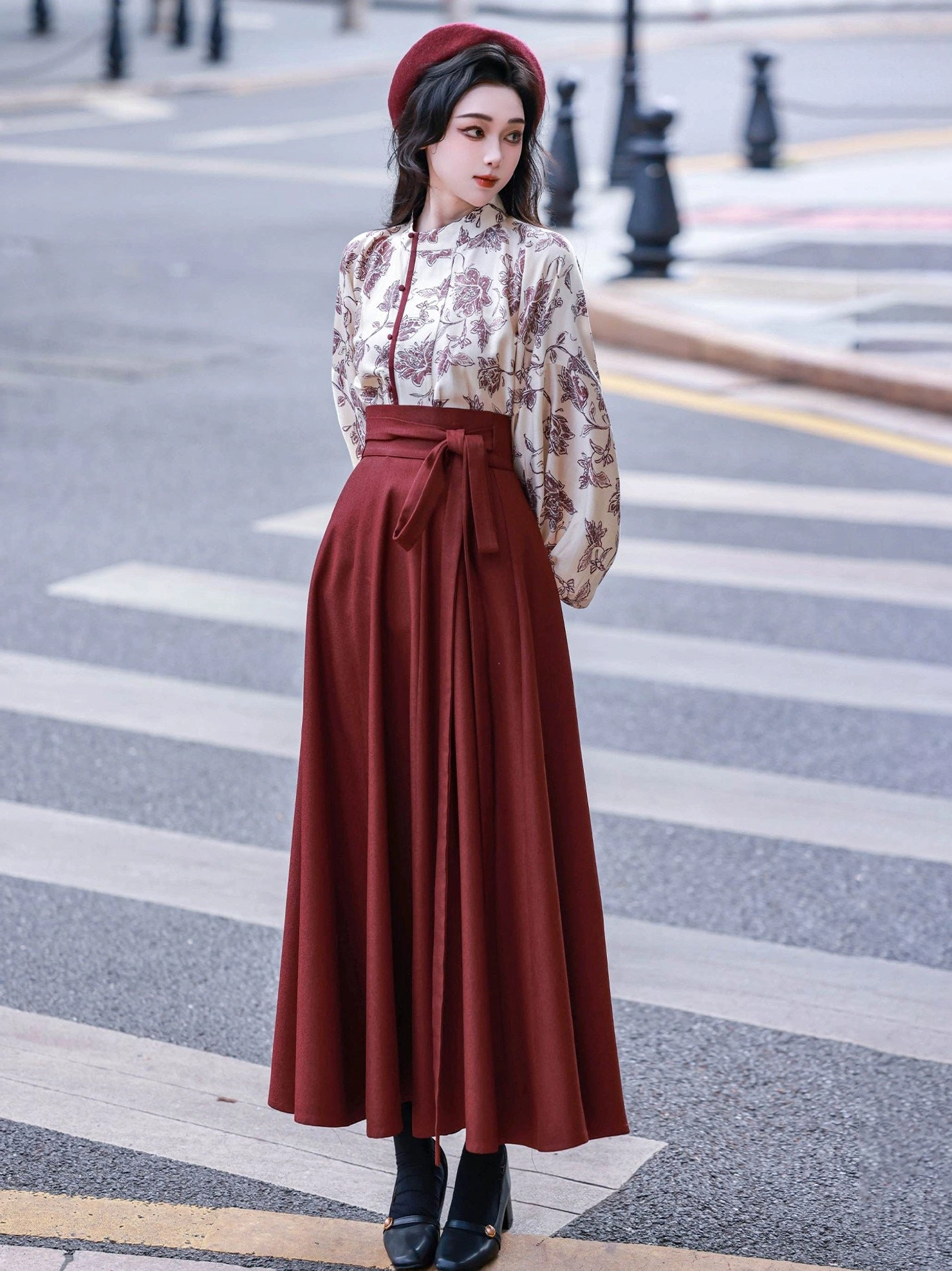 Mulan floral stand collar long sleeve blouse and burgundy high-waisted wrap skirt without cropped vest