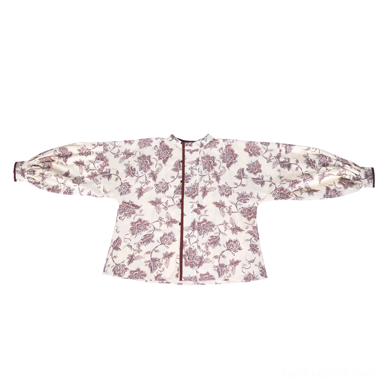 Ivory and burgundy floral long sleeve blouse for Mulan Tang-inspired Hanfu outfit with stand collar and bishop sleeves