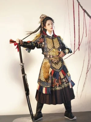 Full Mulan Chinese warrior cosplay armor costume with golden shoulder guards, blue brocade lower armor and red cloak