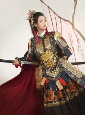 Mulan general Hanfu armor set with golden scale armor, blue brocade skirt, red cape and warrior sword in three-quarter side view