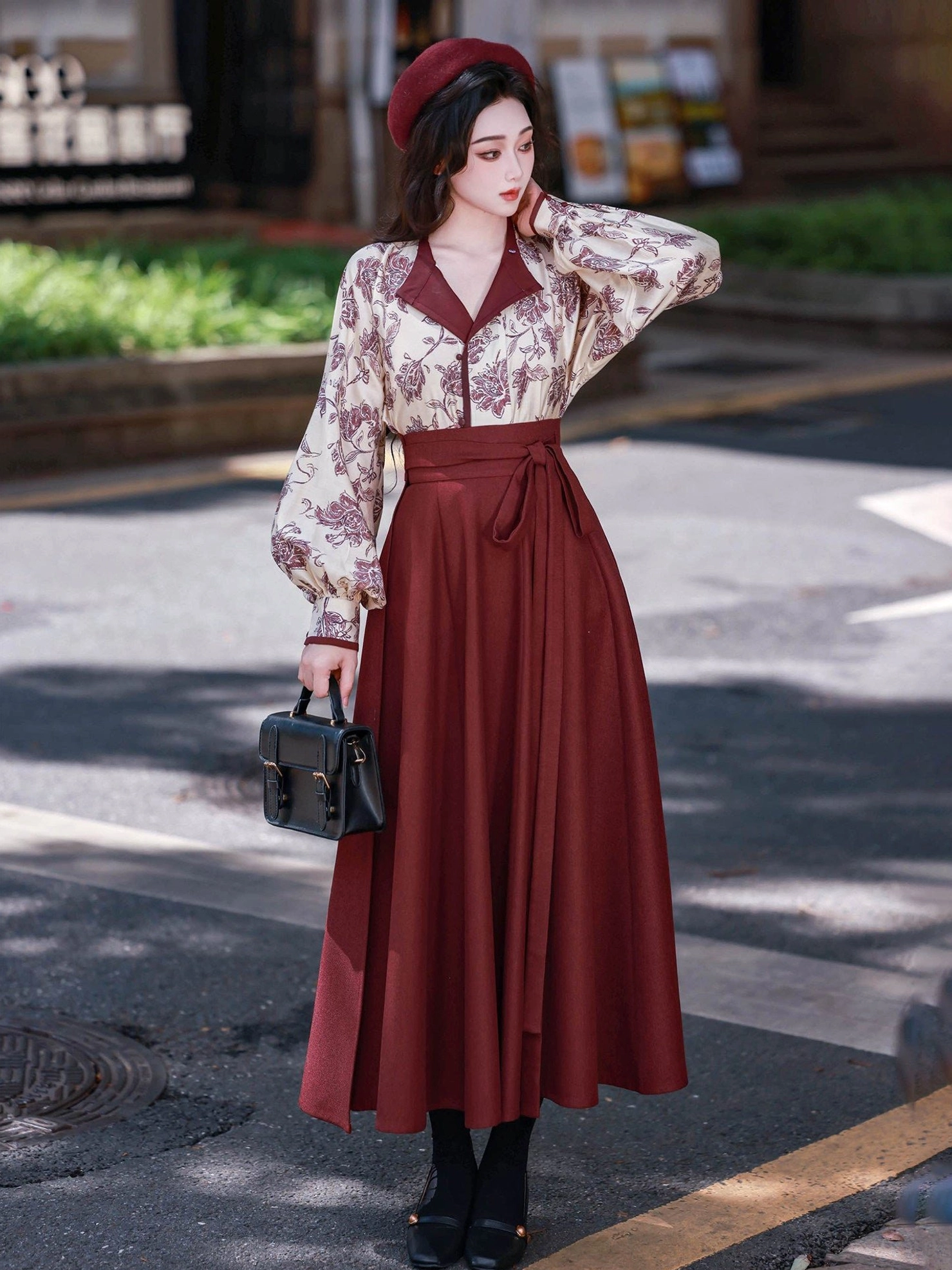 Mulan New Chinese style floral blouse cropped vest and burgundy wrap skirt full set front view on city crosswalk