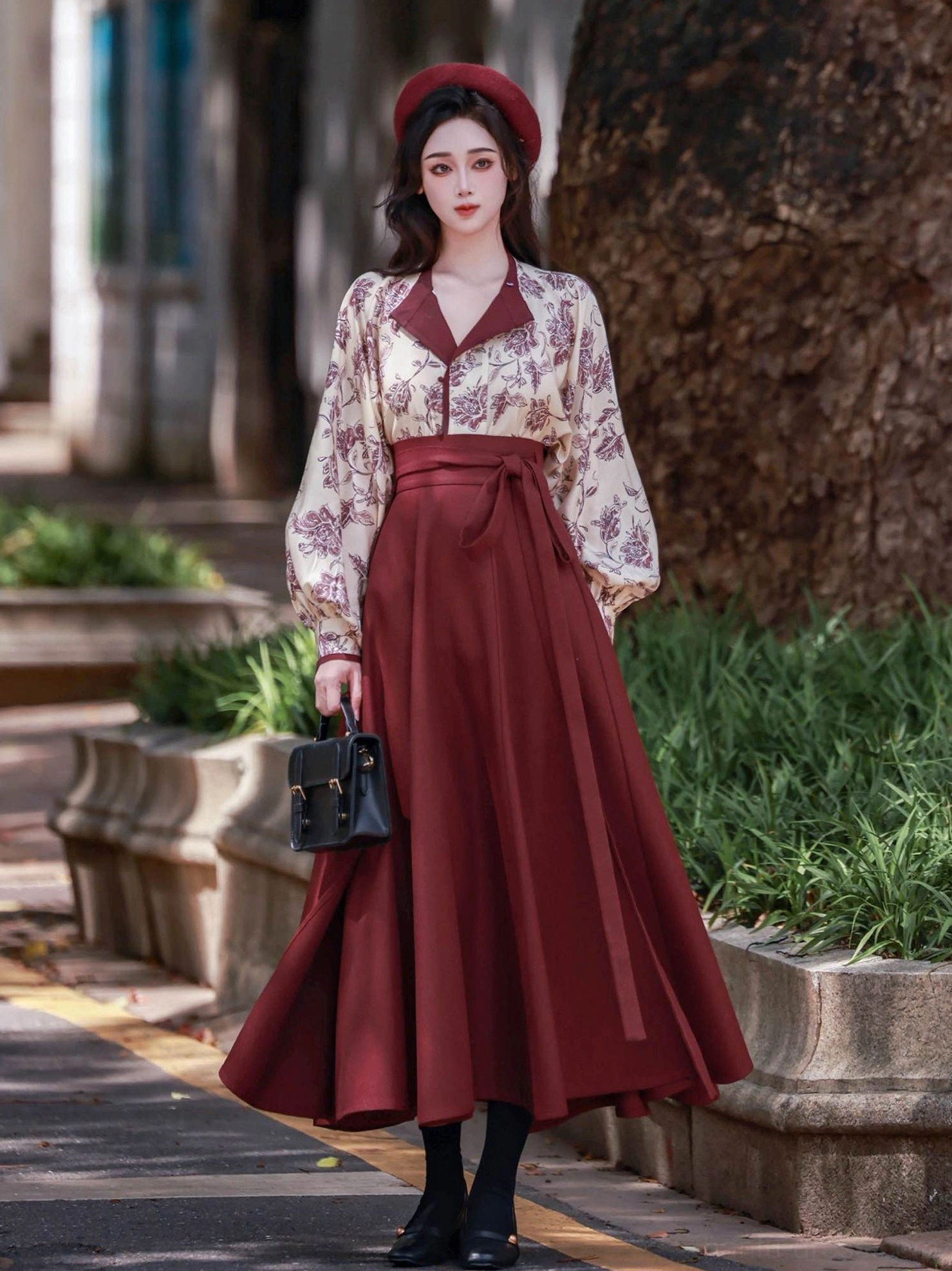 Three-piece Mulan New Chinese style outfit with floral blouse cropped vest high-waisted burgundy A-line wrap skirt