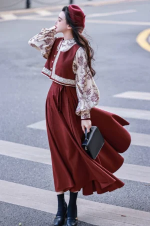 Mulan Tang-inspired Hanfu floral long sleeve top burgundy vest and flowing wrap skirt side profile view