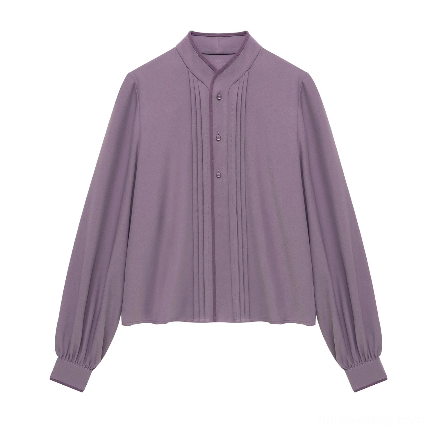 Flat lay product image of a single muted lavender hanfu blouse with buttoned stand collar, pleated front placket, and lantern sleeves