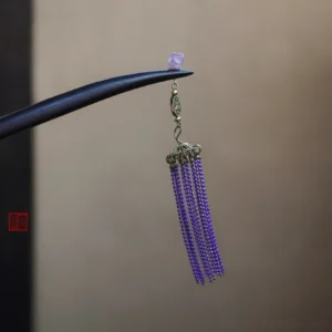 Mysteria purple tassel Chinese hair stick with dark wooden pin, violet crystal-style bead and antique bronze tone ornament