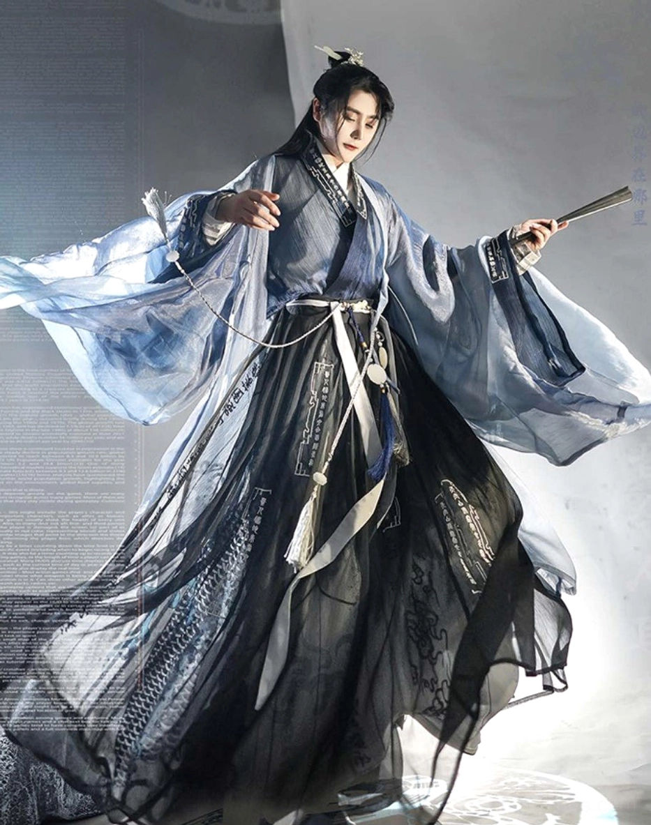 Mystical Gateways Wei Jin wuxia hanfu for men complete set in blue gray and black with wide flowing sleeves and layered qiyao ruqun skirt front view