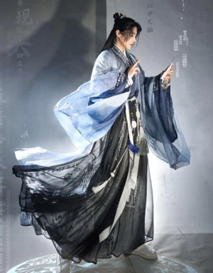 Side view of Mystical Gateways Wei Jin style male hanfu with translucent blue gray wide sleeves cross collar layers and flowing black skirt