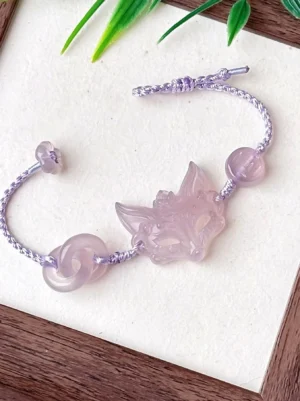 Adjustable natural agate fox spirit bracelet with translucent lavender fox charm, round agate bead, stone ring accents and braided Chinese cord closure