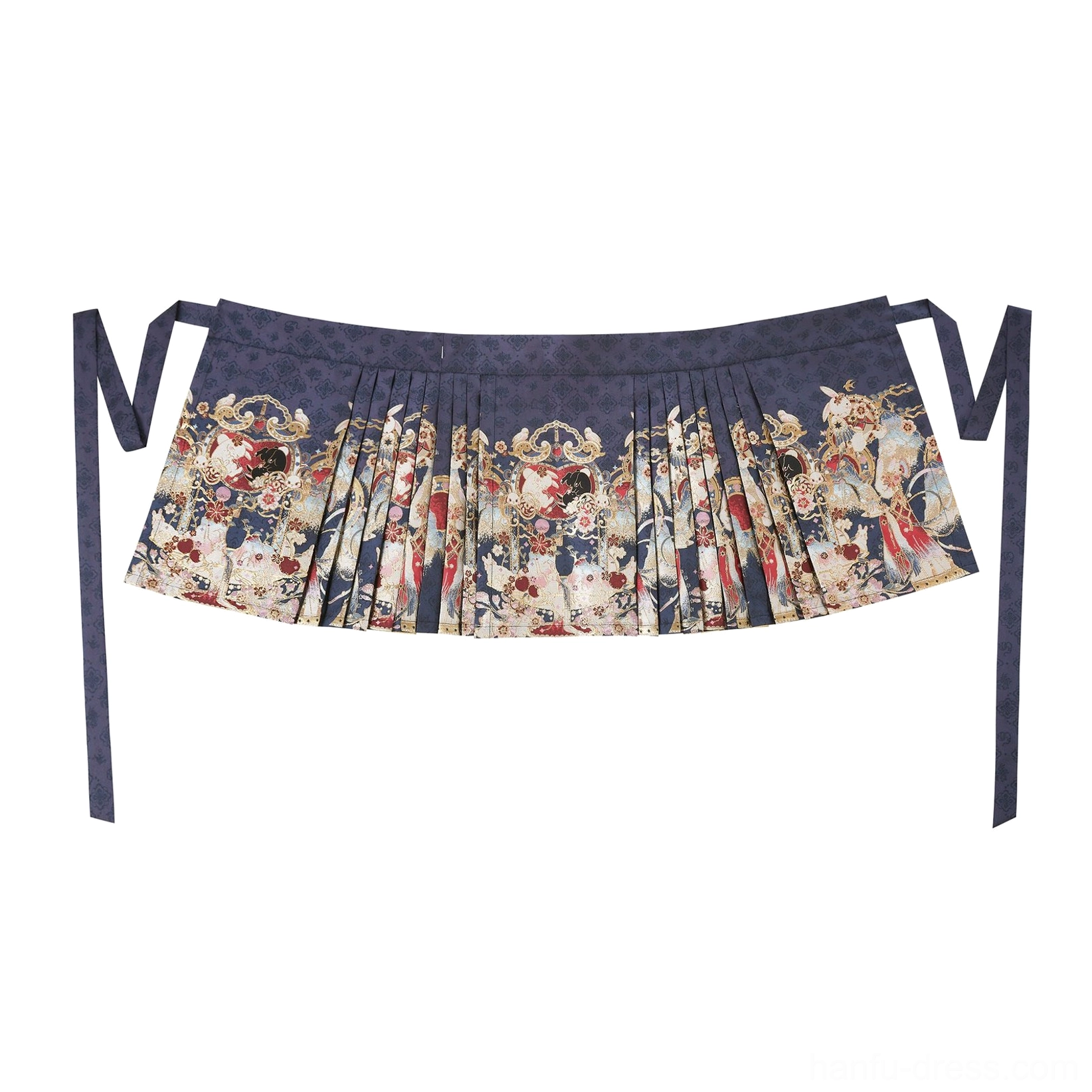 Navy apple print mini mamianqun horse face skirt with pleats and long side ties for modern Hanfu styling