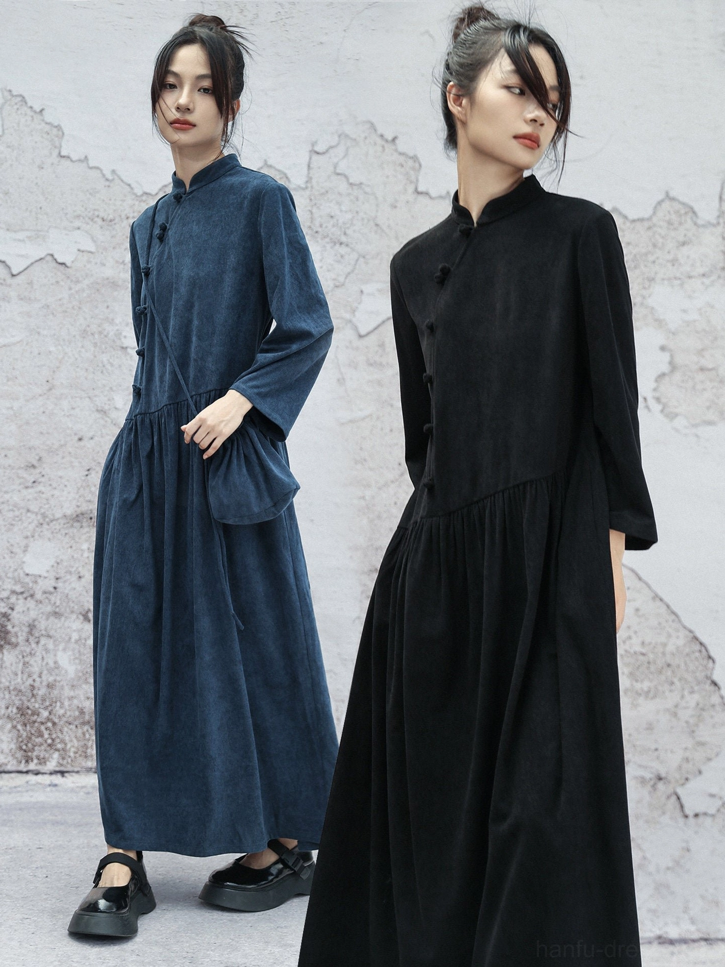 Side-by-side view of navy blue and black modern Hanfu cheongsam maxi dresses with Mandarin collars, long sleeves, gathered waists, and relaxed skirts