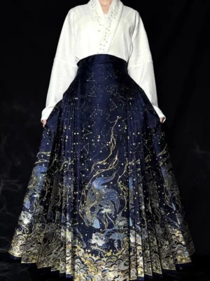 Navy blue constellation mamianqun horse face skirt with gold star details, Chinese mythical creature brocade, sea wave hem, and pleated Ming Dynasty Hanfu silhouette