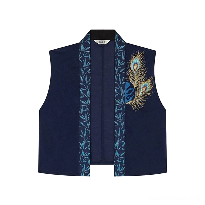 Flat lay of a navy blue sleeveless hanfu beizi overlay with teal leaf collar embroidery and gold peacock feather chest decoration