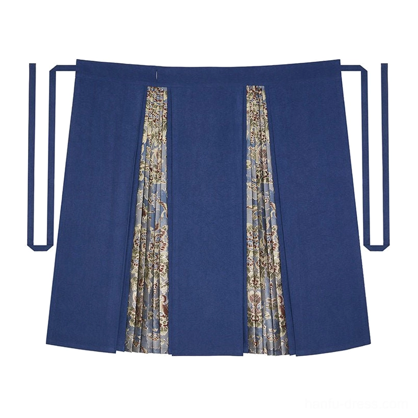 Flat lay product view of the navy blue mamianqun horse-face skirt with split panels, adjustable waist ties, and printed pleated sections