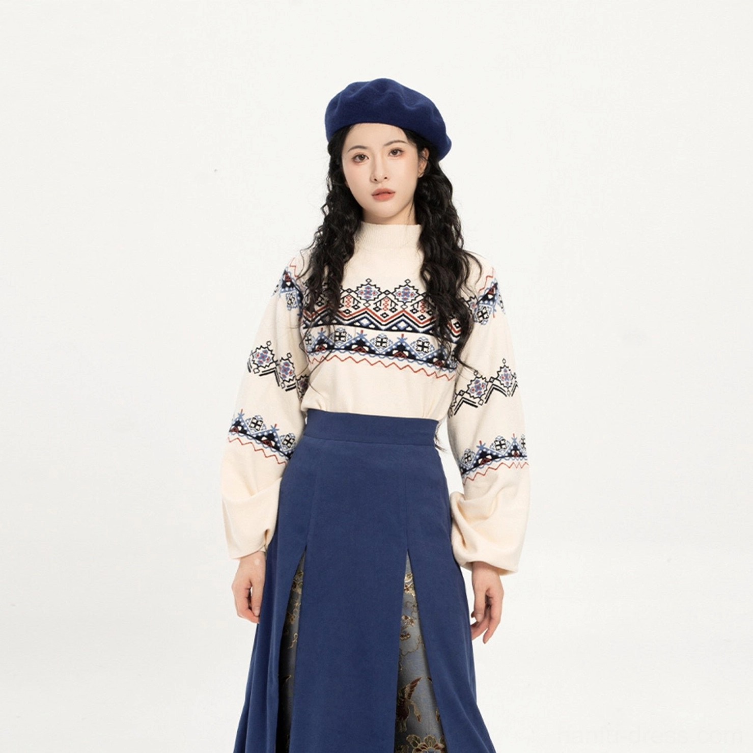 Three-quarter front view of the navy blue Pipa Music hanfu set showing the full sleeve jacquard decoration
