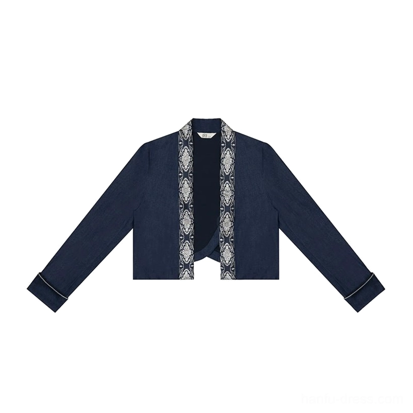 Flat lay of navy cropped long sleeve outer jacket with silver peony embroidered collar edge and cuff trim
