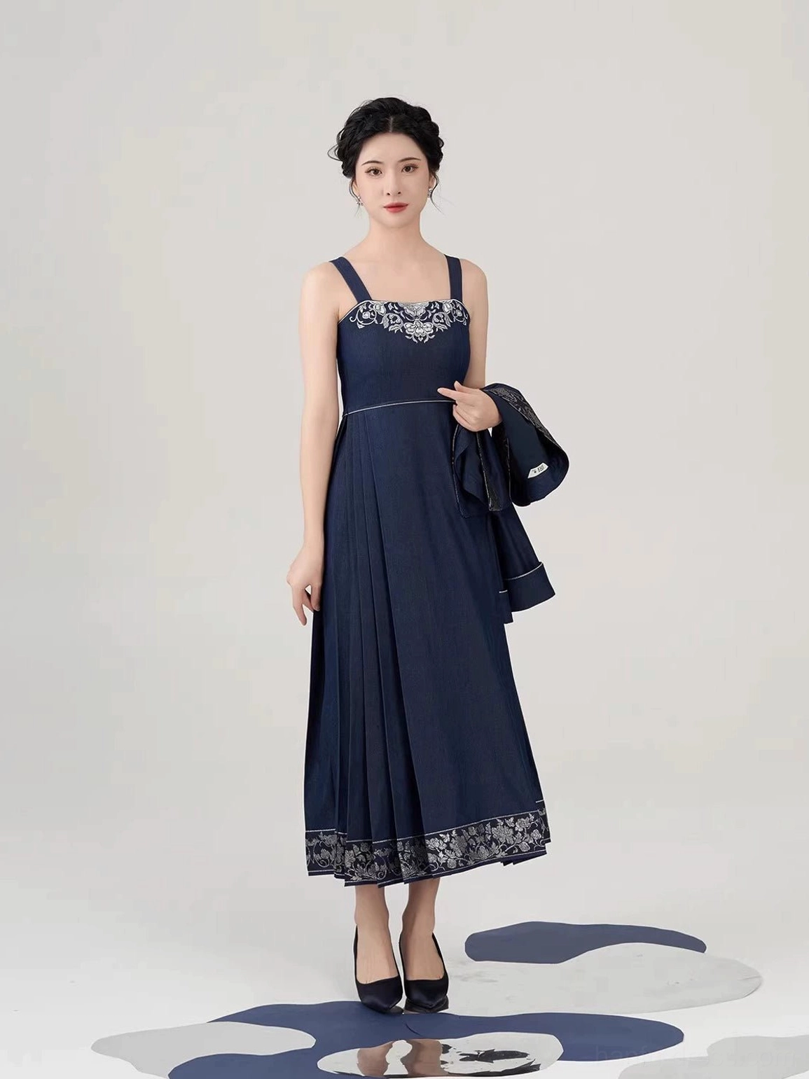 Navy mamianqun inspired slip dress worn alone featuring silver embroidered square neckline and peony floral skirt hem