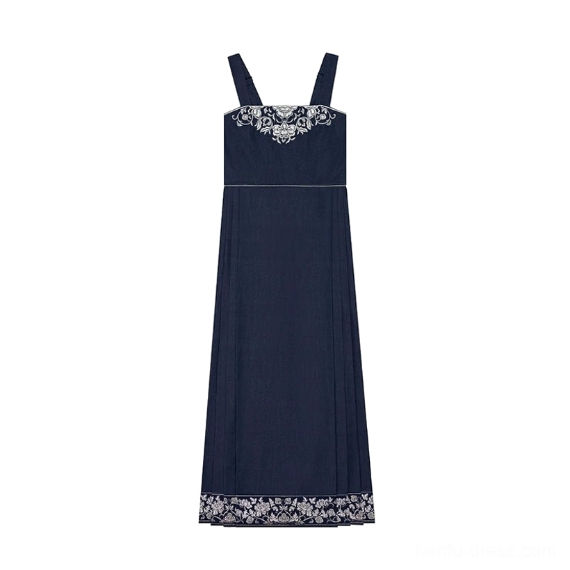 Flat lay of navy pleated mamianqun inspired slip dress with embroidered square neckline and silver floral hem border