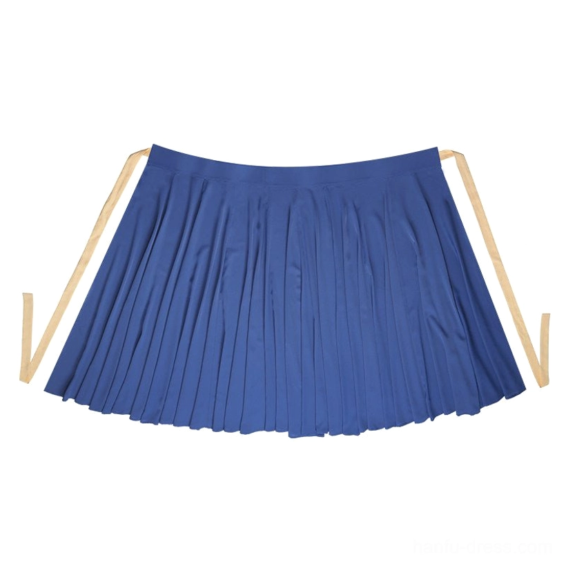 Navy blue Tang Dynasty Hanfu wrap skirt displayed flat with full pleats and two long beige waist sashes