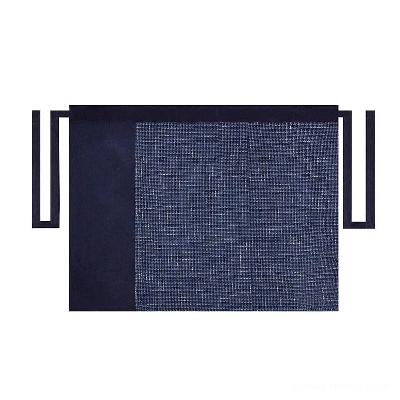 Fabric detail of navy and white micro plaid hanfu wrap skirt with solid side panels and attached waist tying straps