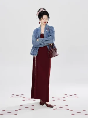 Full front view of New Chinese Style embroidered denim jacket with burgundy camisole and long skirt outfit